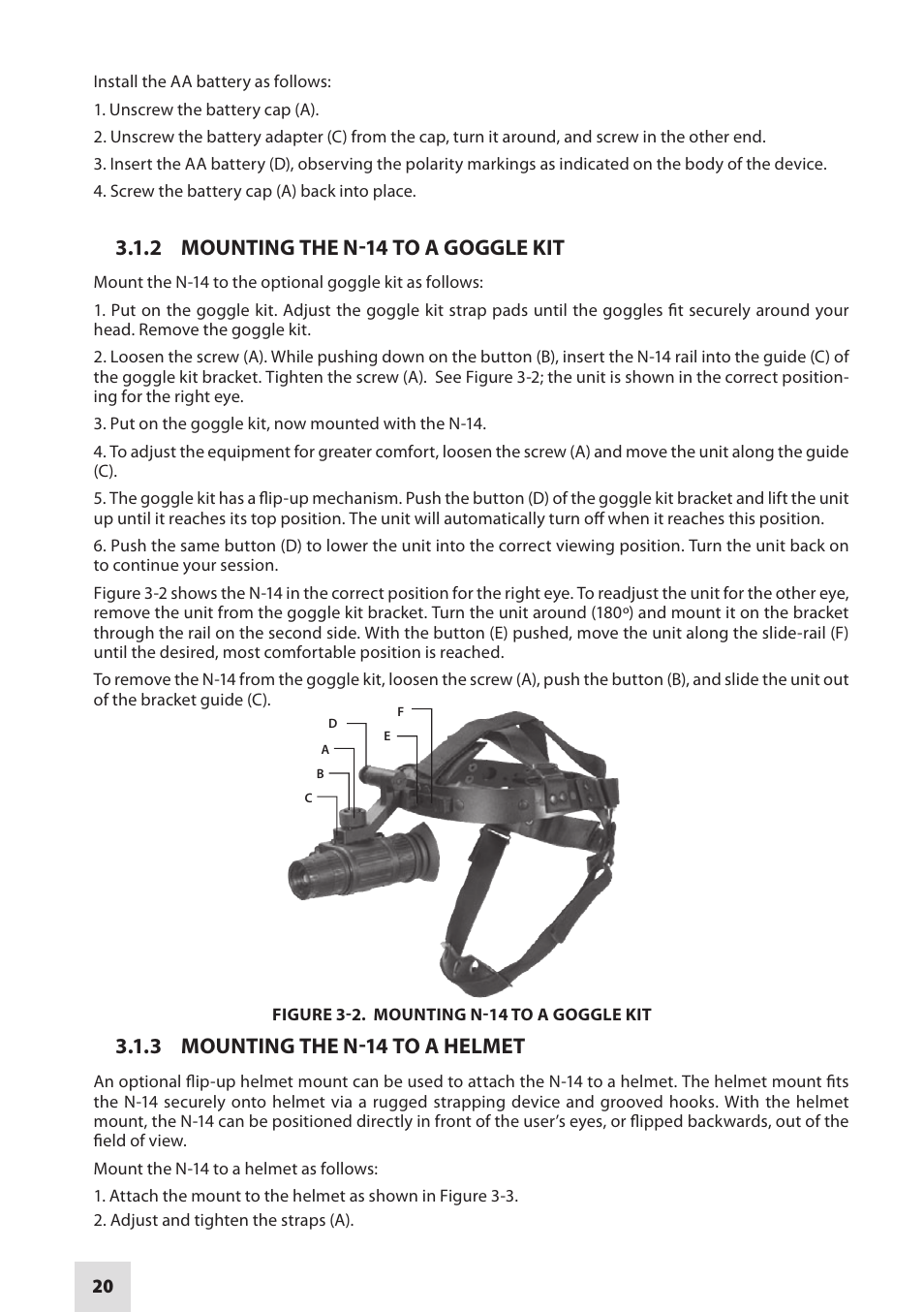 2 mounting the n-14 to a goggle kit, 3 mounting the n-14 to a helmet | Armasight NSMN140001F6DA1 N-14 FLAG Multi-Purpose Night Vision Monocular User Manual | Page 20 / 44