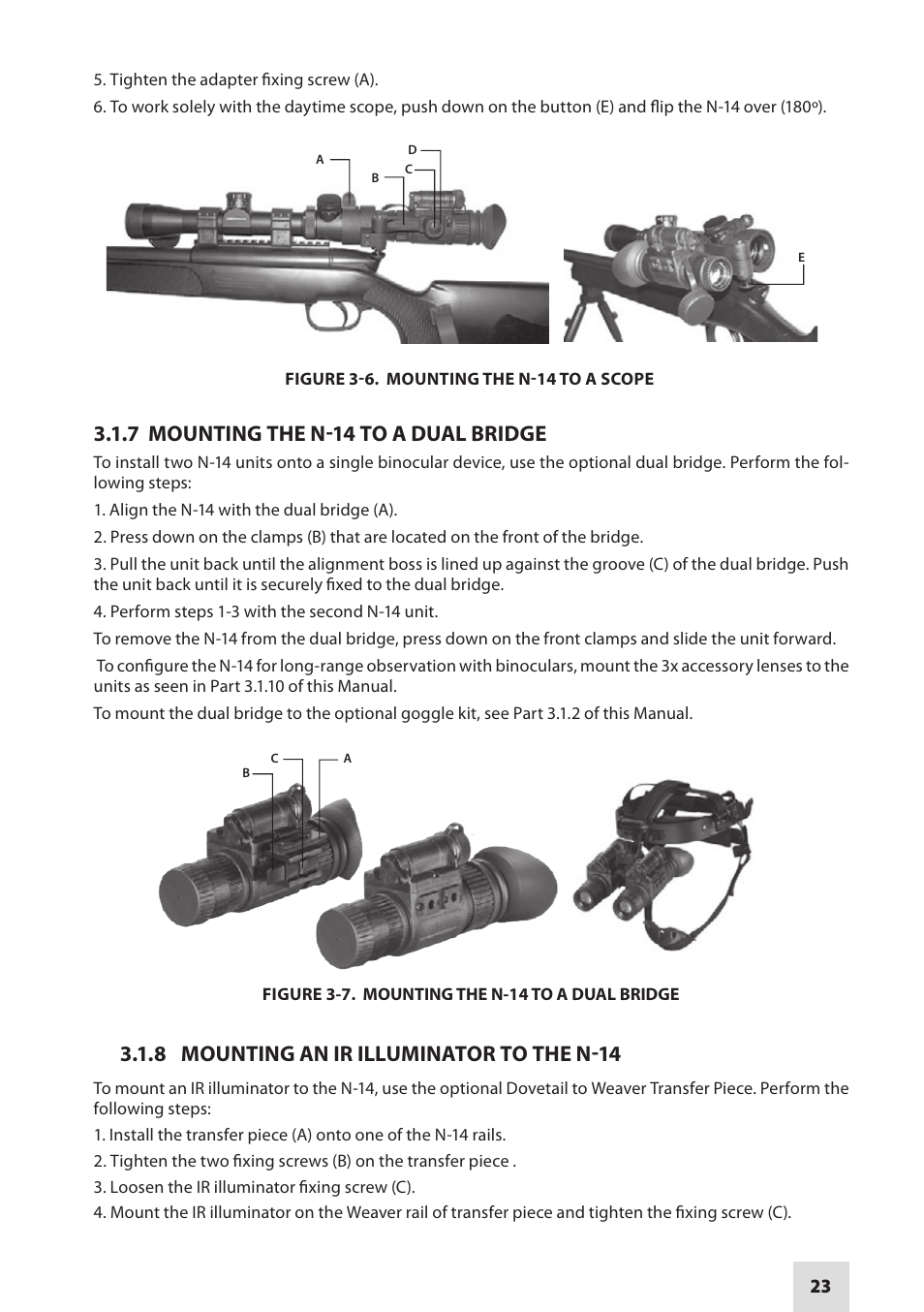 7 mounting the n-14 to a dual bridge, 8 mounting an ir illuminator to the n-14 | Armasight NSMN140001F6DA1 N-14 FLAG Multi-Purpose Night Vision Monocular User Manual | Page 23 / 44