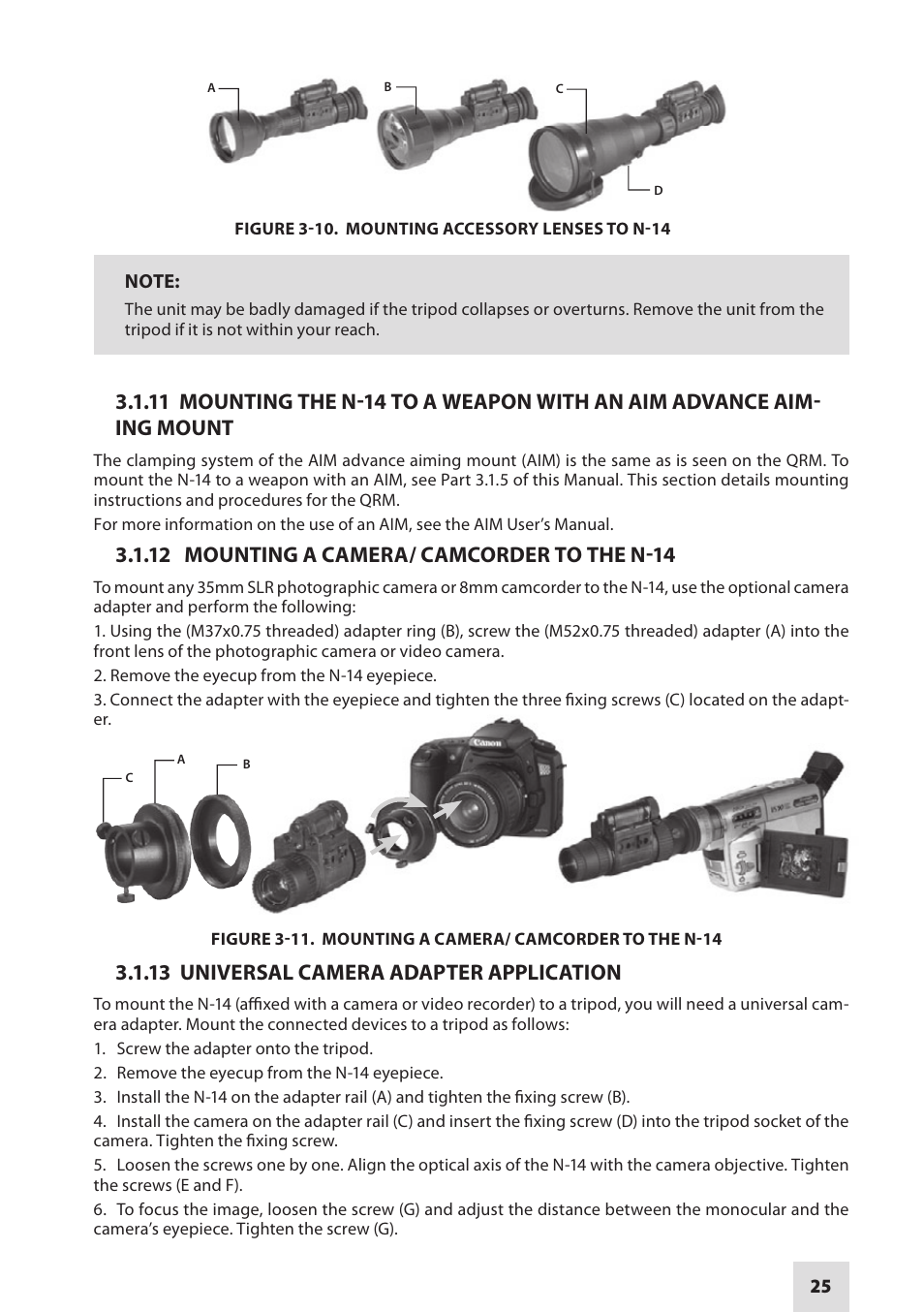 12 mounting a camera/ camcorder to the n-14, 13 universal camera adapter application | Armasight NSMN140001F6DA1 N-14 FLAG Multi-Purpose Night Vision Monocular User Manual | Page 25 / 44