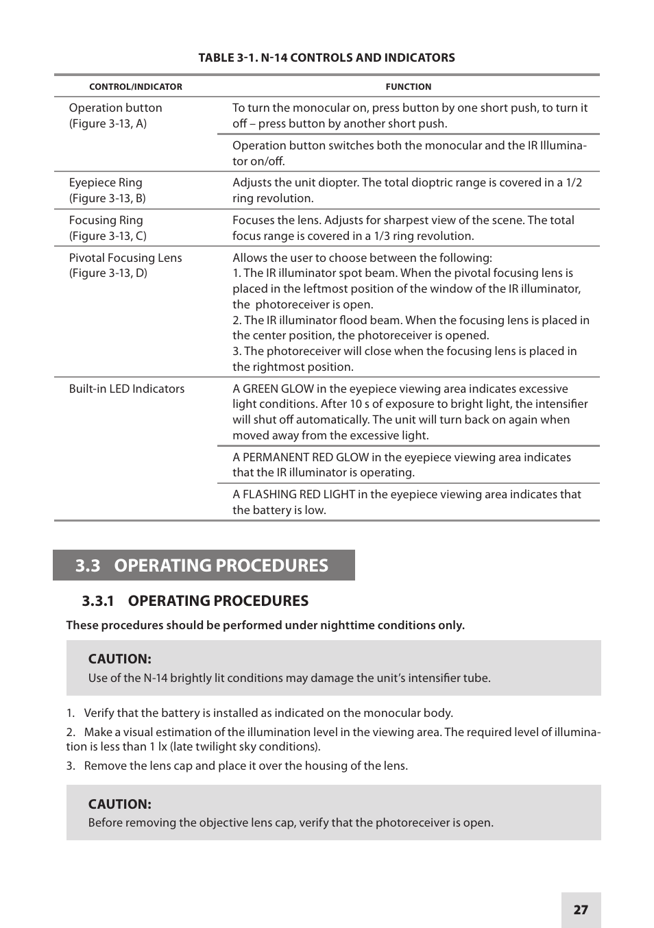 3 operating procedures, 1 operating procedures | Armasight NSMN140001F6DA1 N-14 FLAG Multi-Purpose Night Vision Monocular User Manual | Page 27 / 44