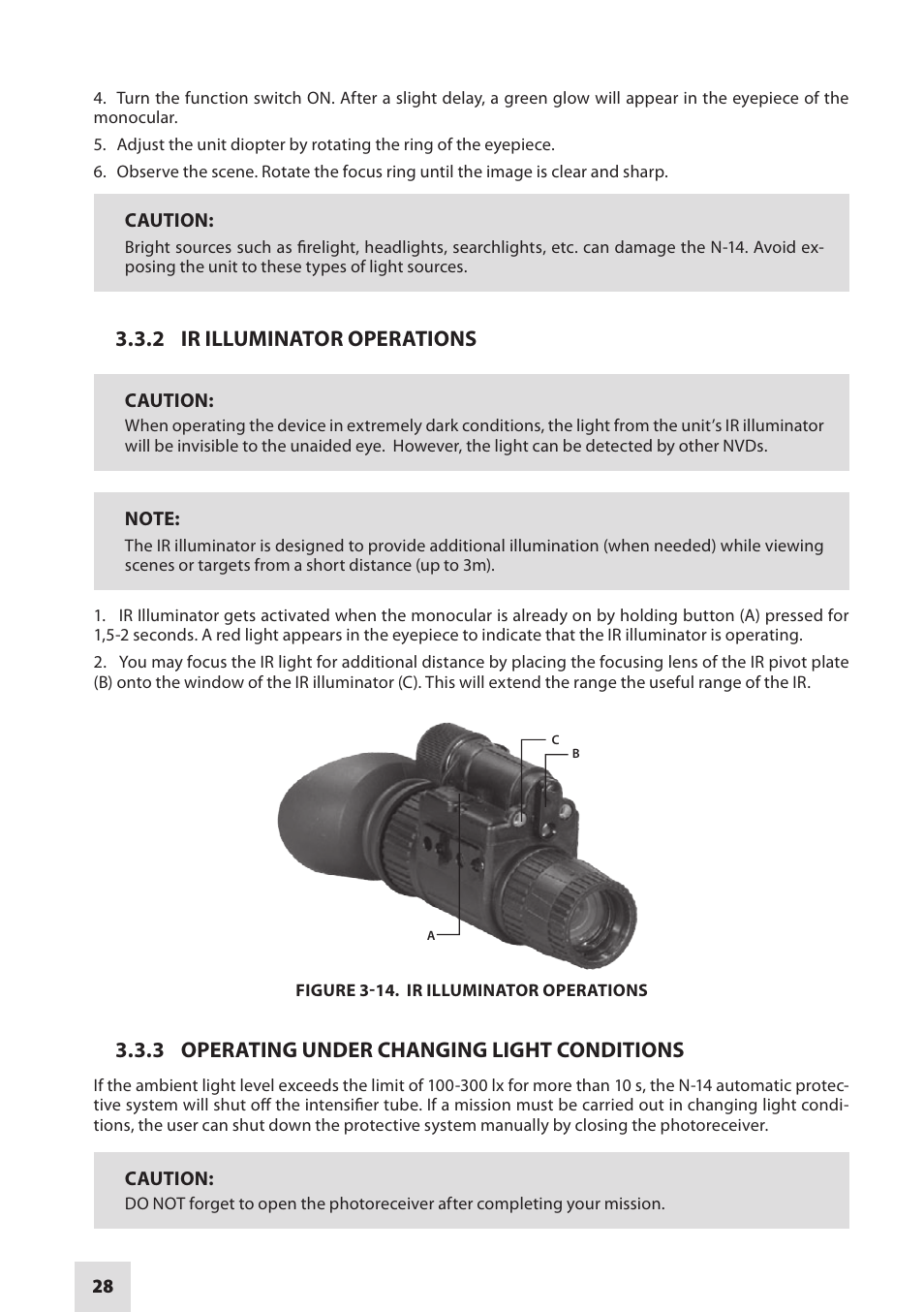 2 ir illuminator operations, 3 operating under changing light conditions | Armasight NSMN140001F6DA1 N-14 FLAG Multi-Purpose Night Vision Monocular User Manual | Page 28 / 44