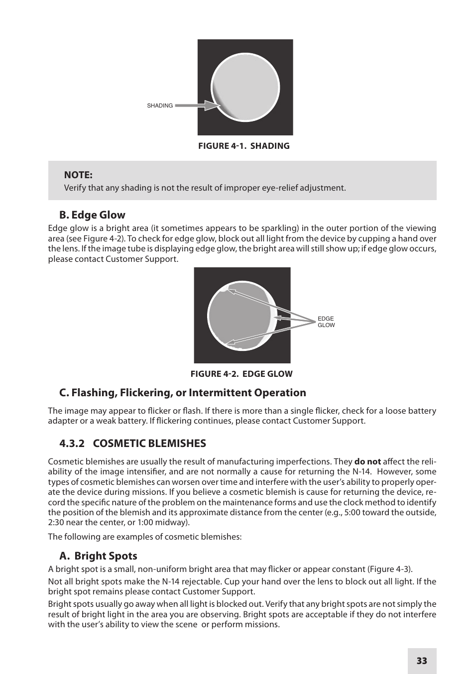 B. edge glow, C. flashing, flickering, or intermittent operation, 2 cosmetic blemishes | A. bright spots | Armasight NSMN140001F6DA1 N-14 FLAG Multi-Purpose Night Vision Monocular User Manual | Page 33 / 44