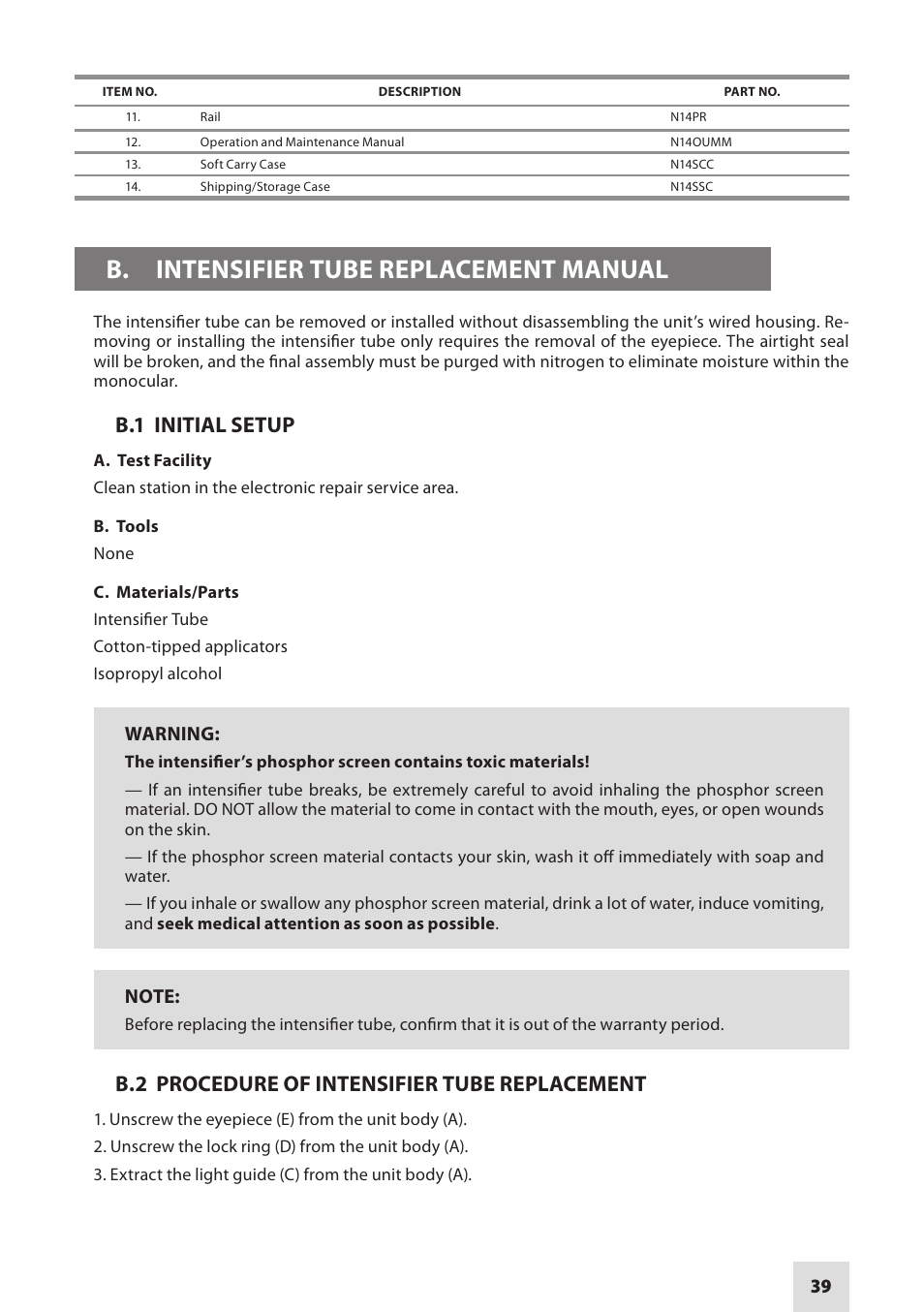 B. intensifier tube replacement manual, B.1 initial setup, B.2 procedure of intensifier tube replacement | Warning | Armasight NSMN140001F6DA1 N-14 FLAG Multi-Purpose Night Vision Monocular User Manual | Page 39 / 44