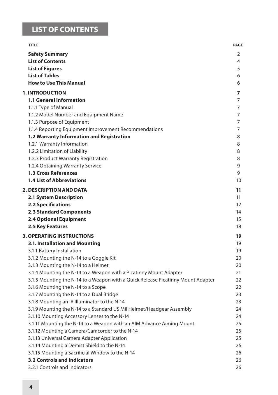 List of contents | Armasight NSMN140001F6DA1 N-14 FLAG Multi-Purpose Night Vision Monocular User Manual | Page 4 / 44