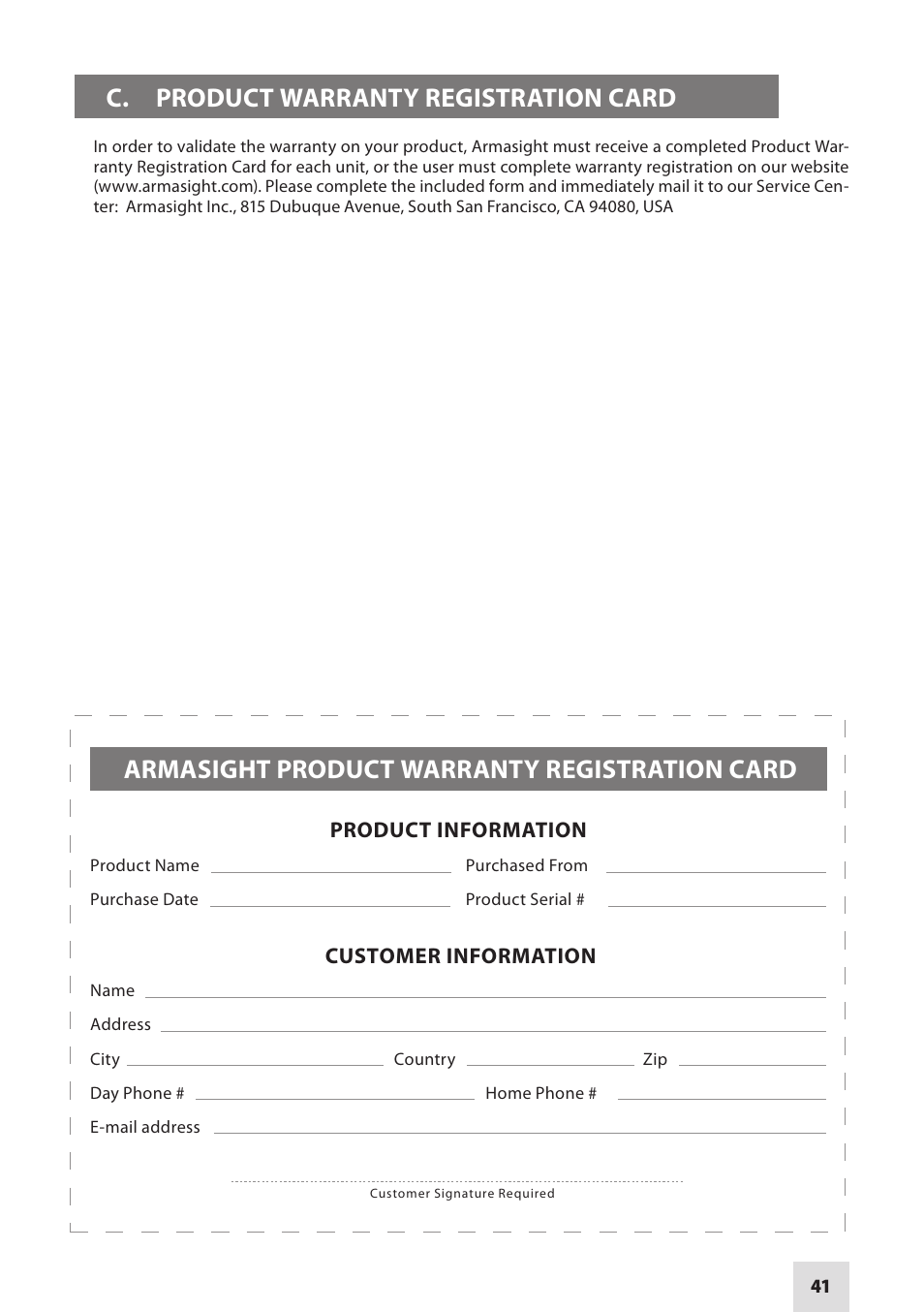 C. product warranty registration card, Armasight product warranty registration card | Armasight NSMN140001F6DA1 N-14 FLAG Multi-Purpose Night Vision Monocular User Manual | Page 41 / 44