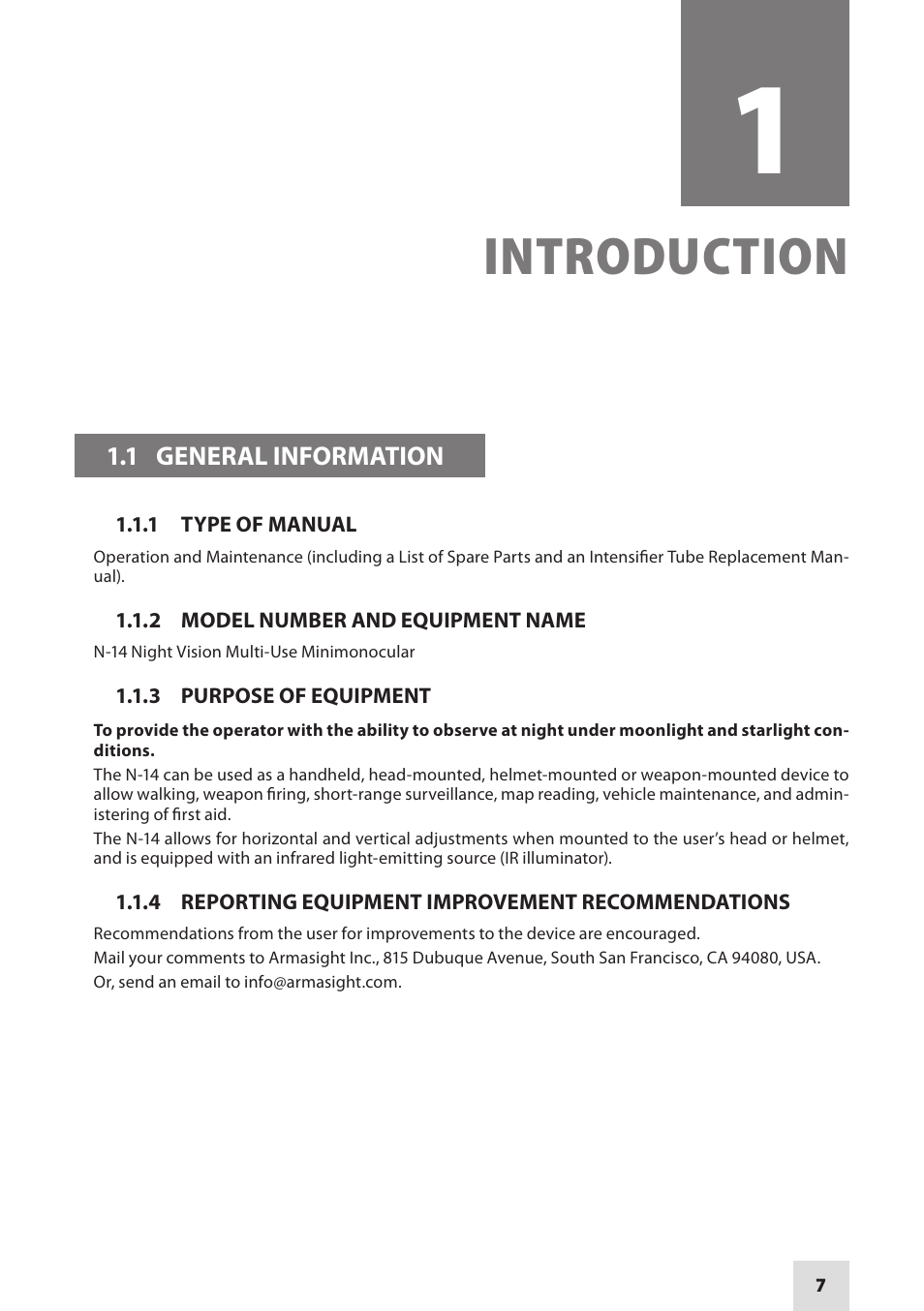 Introduction | Armasight NSMN140001F6DA1 N-14 FLAG Multi-Purpose Night Vision Monocular User Manual | Page 7 / 44