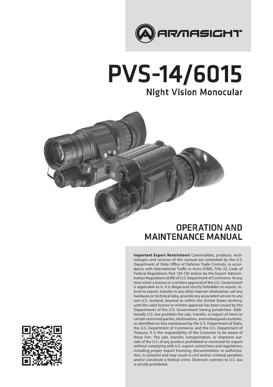 Armasight NAM601500126DH1 PVS14/6015 GEN 2+ HD Multi-Purpose Night Vision Monocular User Manual | 56 pages