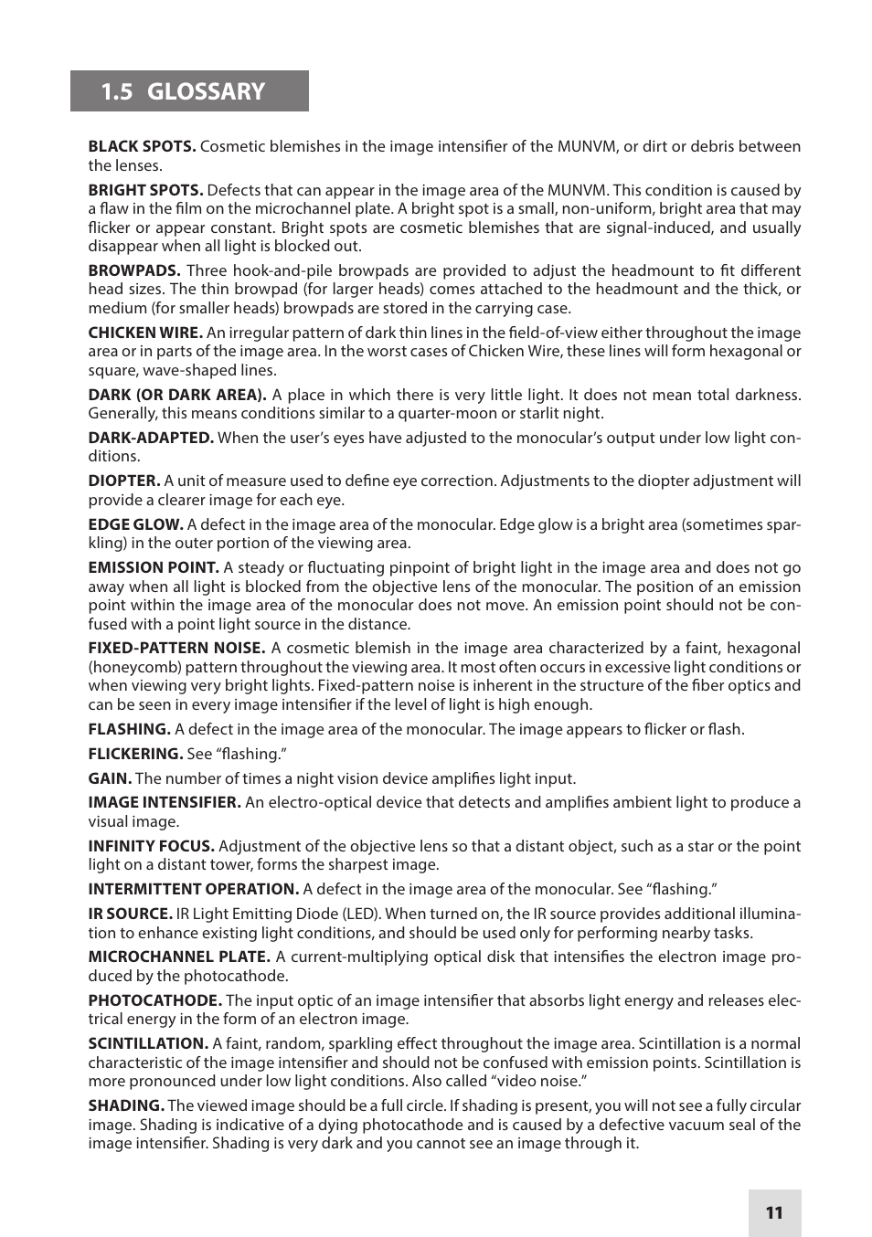 5 glossary | Armasight NAM601500126DH1 PVS14/6015 GEN 2+ HD Multi-Purpose Night Vision Monocular User Manual | Page 11 / 56