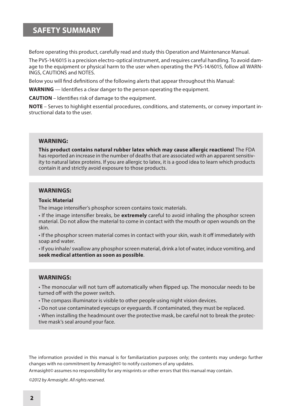 Safety summary | Armasight NAM601500126DH1 PVS14/6015 GEN 2+ HD Multi-Purpose Night Vision Monocular User Manual | Page 2 / 56