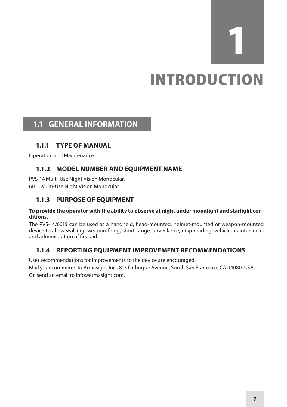 Introduction | Armasight NAM601500126DH1 PVS14/6015 GEN 2+ HD Multi-Purpose Night Vision Monocular User Manual | Page 7 / 56