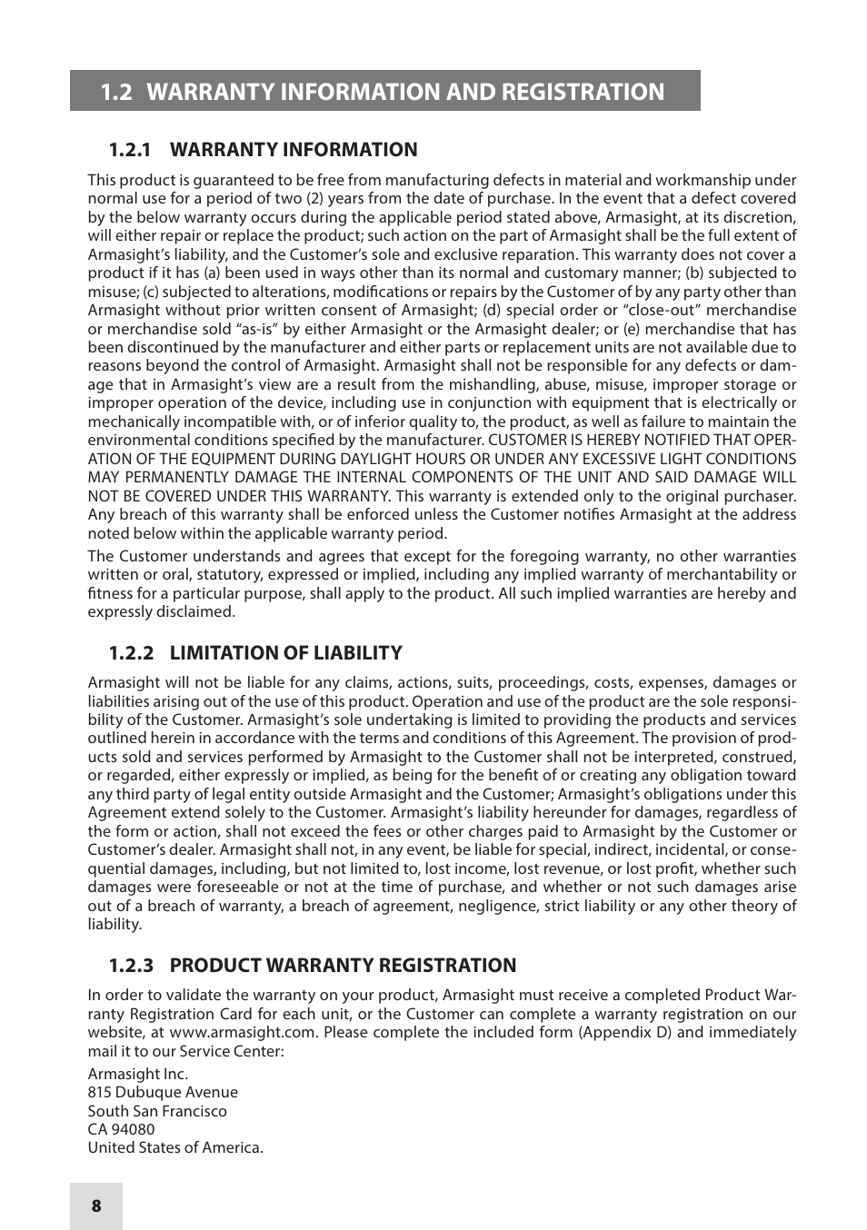 2 warranty information and registration, 1 warranty information, 2 limitation of liability | 3 product warranty registration | Armasight NAM601500126DH1 PVS14/6015 GEN 2+ HD Multi-Purpose Night Vision Monocular User Manual | Page 8 / 56
