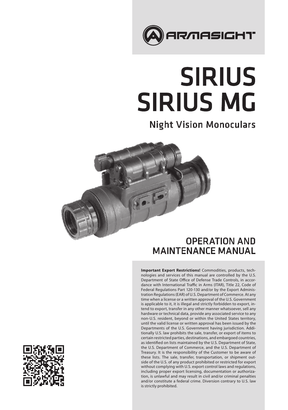 Armasight NSMSIRIUS1GMDA1 Sirius GEN 3 Ghost MG Multi-Purpose Night Vision Monocular User Manual | 44 pages