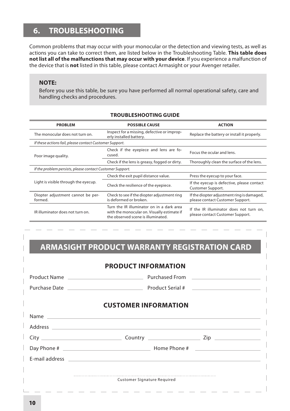 Troubleshooting, Armasight product warranty registration card, Product information customer information | Armasight NSMAVENGE3GGDA1 AVENGER Gen 3 Ghost Night Vision Monocular User Manual | Page 10 / 12