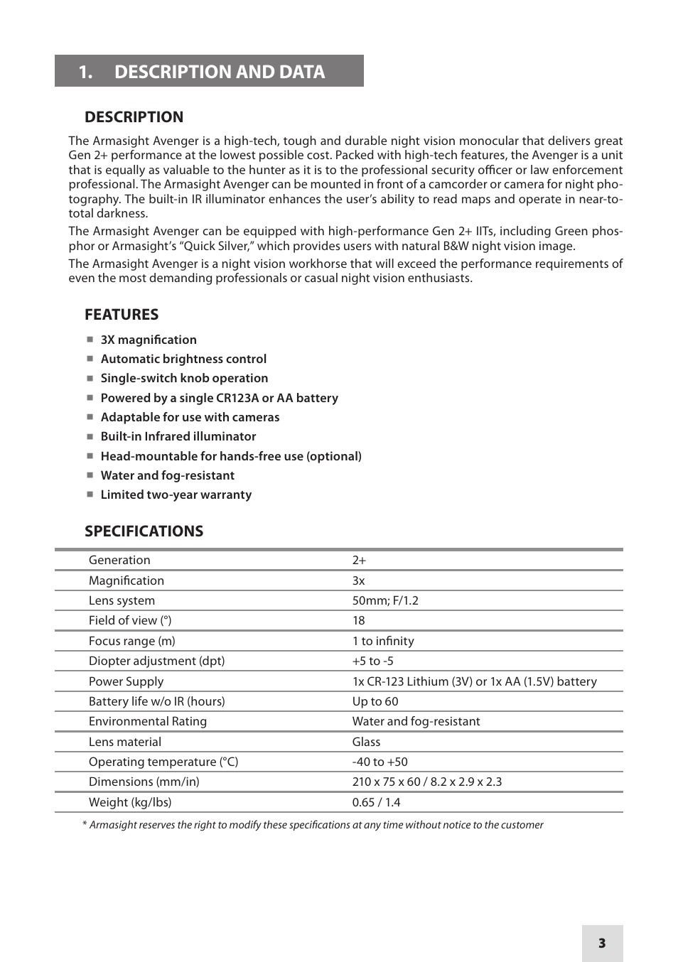 Armasight NSMAVENGE3GGDA1 AVENGER Gen 3 Ghost Night Vision Monocular User Manual | Page 3 / 12