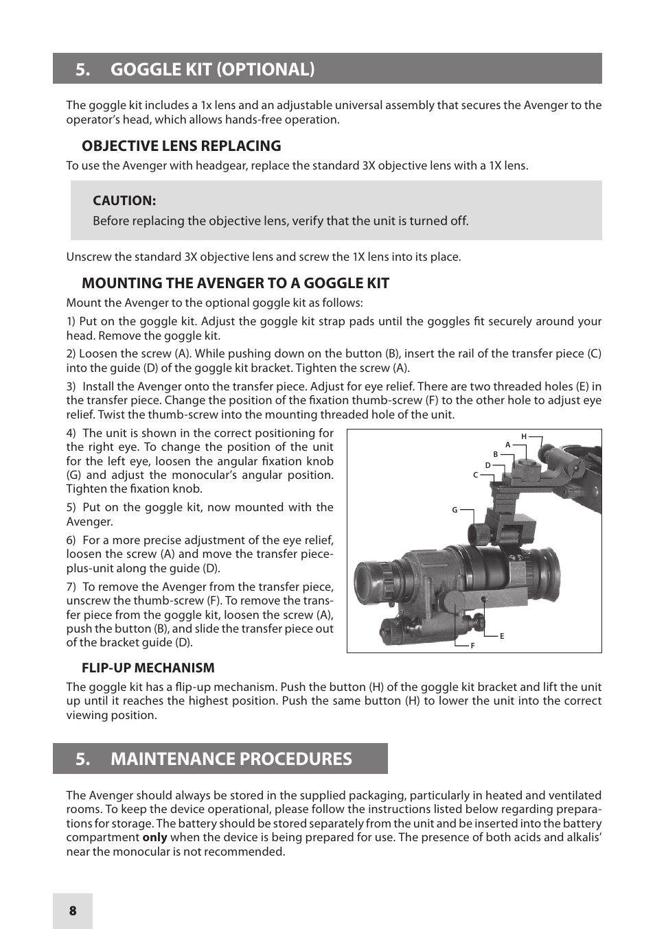 Goggle kit (optional), Maintenance procedures, Objective lens replacing | Mounting the avenger to a goggle kit | Armasight NSMAVENGE3GGDA1 AVENGER Gen 3 Ghost Night Vision Monocular User Manual | Page 8 / 12