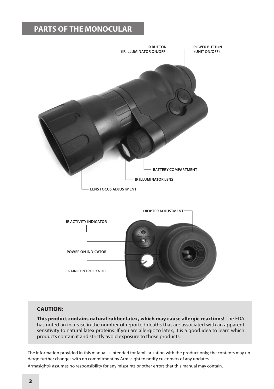 Parts of the monocular, Caution | Armasight DKMPRIMDC040001 Prime DC 4x Digital Color Night Vision Monocular User Manual | Page 2 / 12