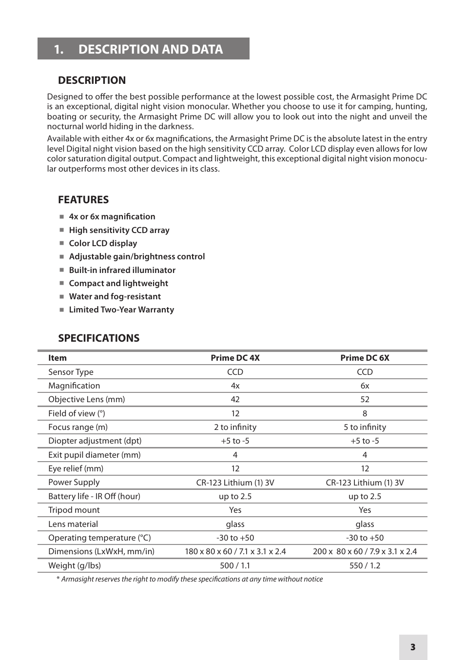 Armasight DKMPRIMDC040001 Prime DC 4x Digital Color Night Vision Monocular User Manual | Page 3 / 12