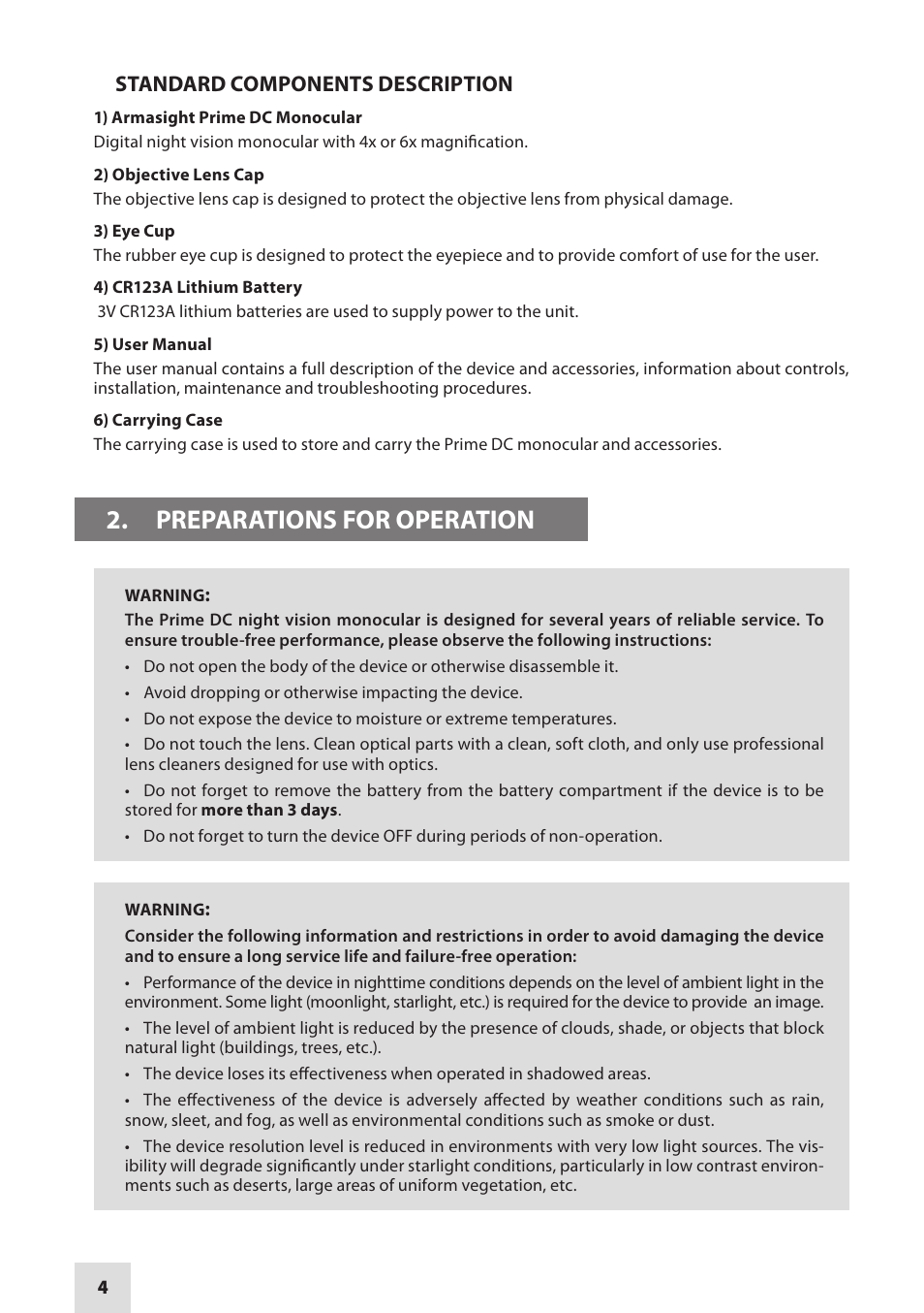 Preparations for operation | Armasight DKMPRIMDC040001 Prime DC 4x Digital Color Night Vision Monocular User Manual | Page 4 / 12