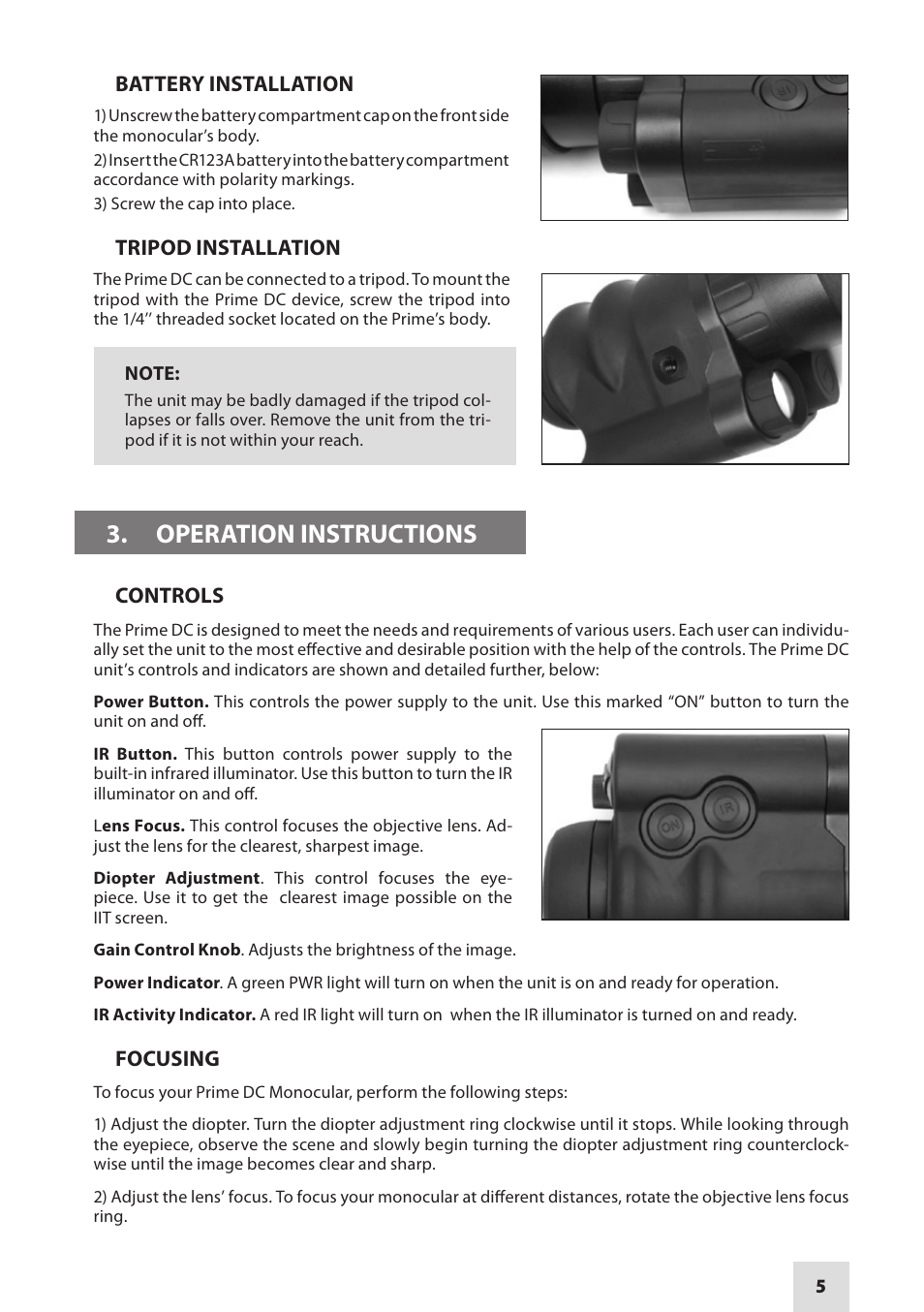 Operation instructions | Armasight DKMPRIMDC040001 Prime DC 4x Digital Color Night Vision Monocular User Manual | Page 5 / 12