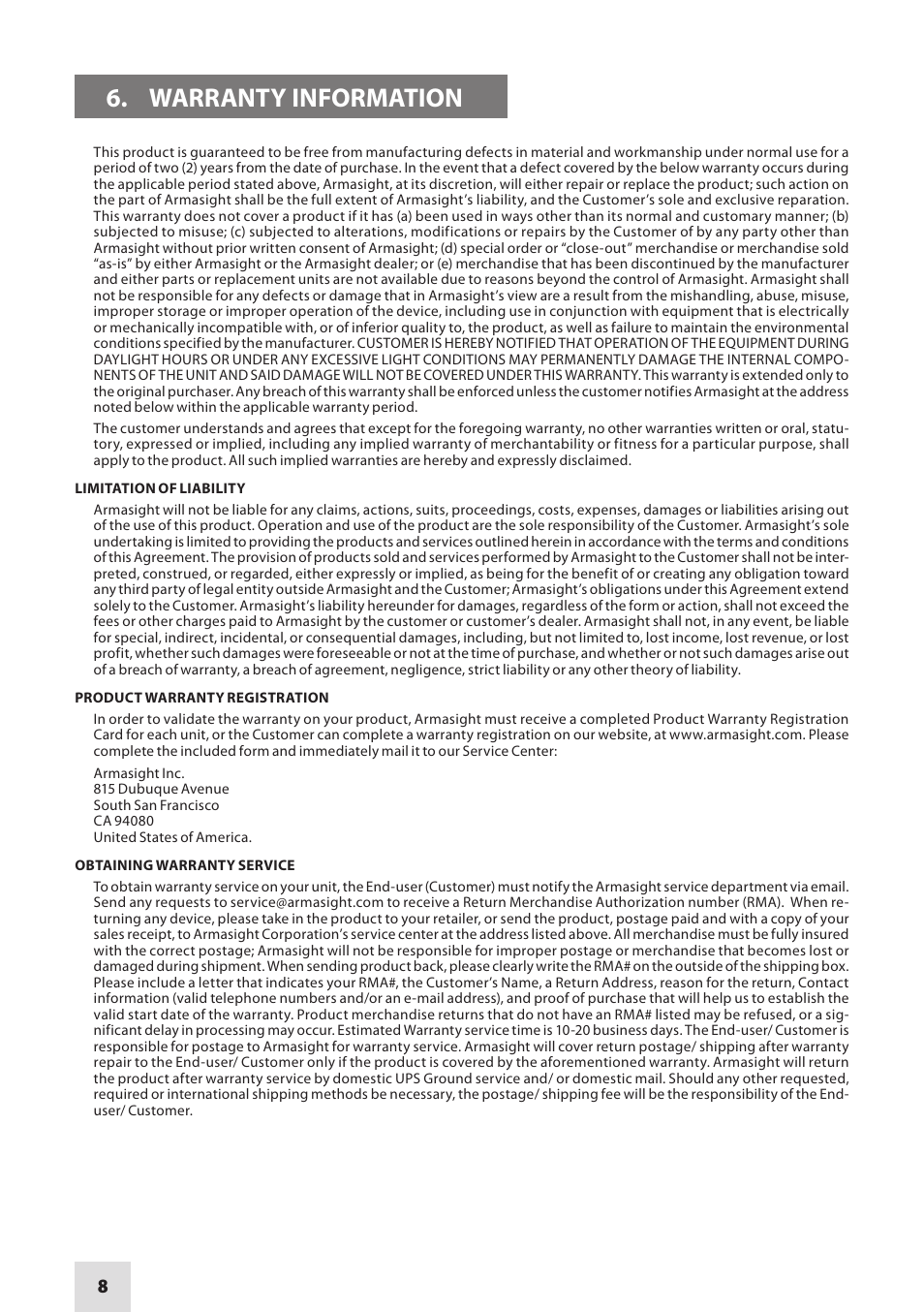Warranty information | Armasight DKMPRIMDC040001 Prime DC 4x Digital Color Night Vision Monocular User Manual | Page 8 / 12
