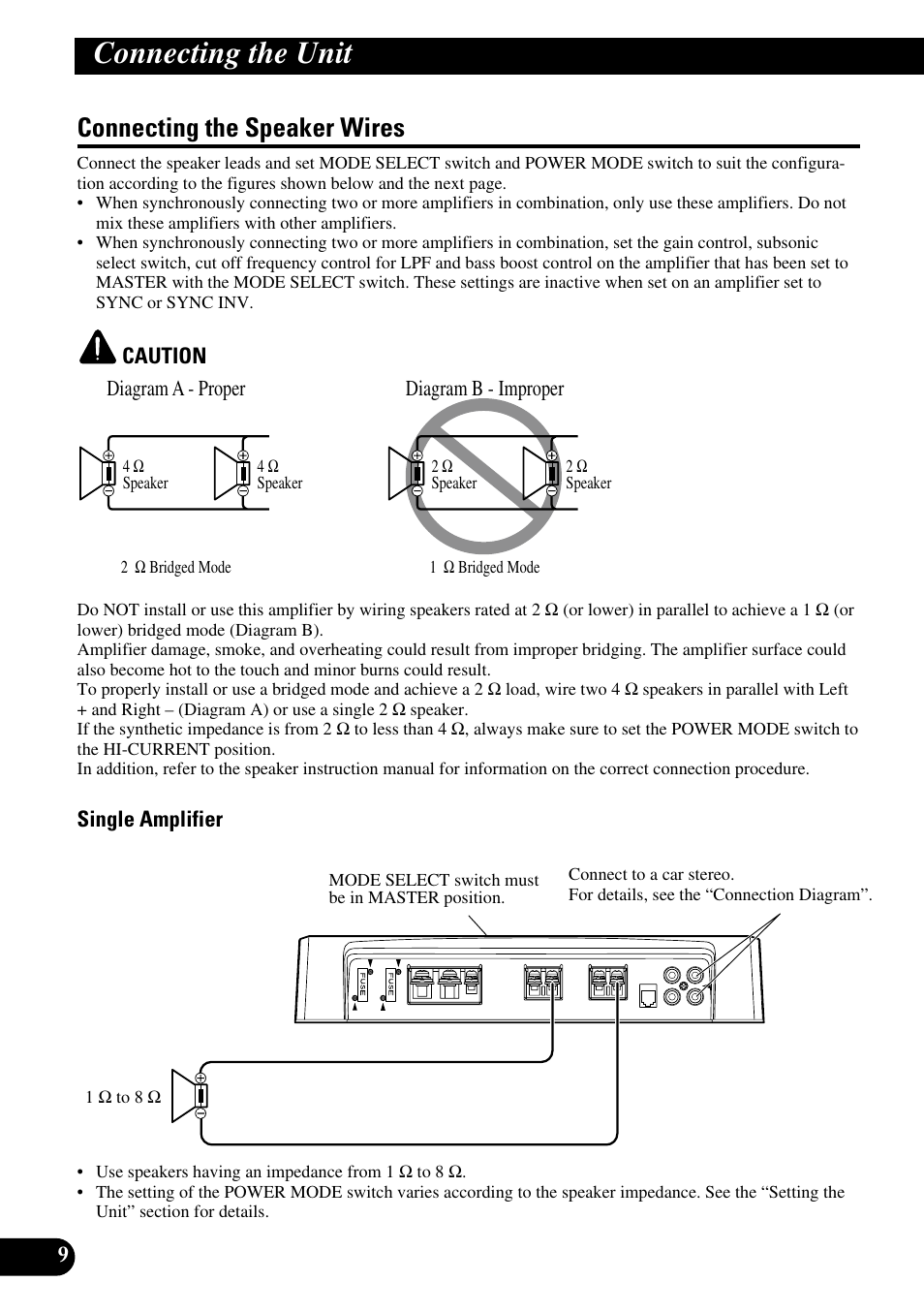 Connecting the speaker wires, Connecting the unit | Pioneer PRS-D1000M User Manual | Page 10 / 114