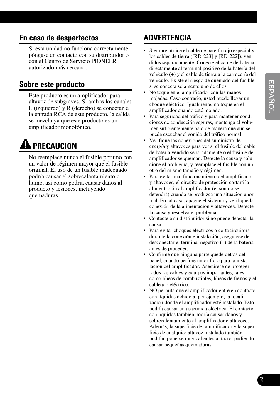 En caso de desperfectos, Sobre este producto, Precaucion | Advertencia | Pioneer PRS-D1000M User Manual | Page 19 / 114