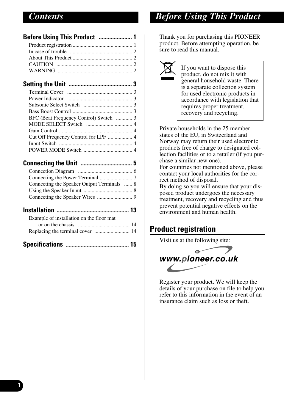 English, Contents before using this product, Product registration | Pioneer PRS-D1000M User Manual | Page 2 / 114