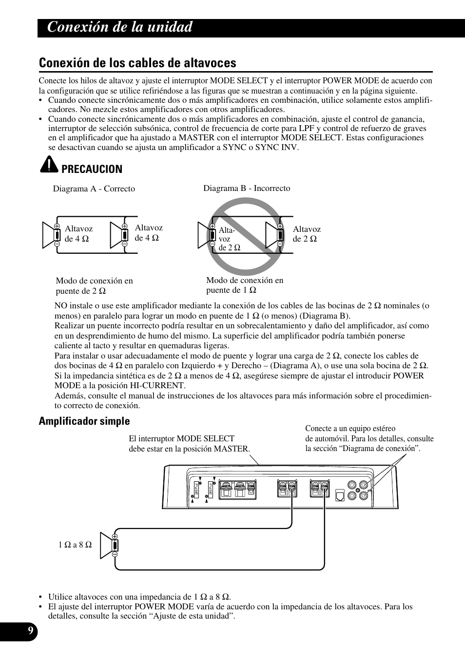 Conexión de los cables de altavoces, Conexión de la unidad | Pioneer PRS-D1000M User Manual | Page 26 / 114