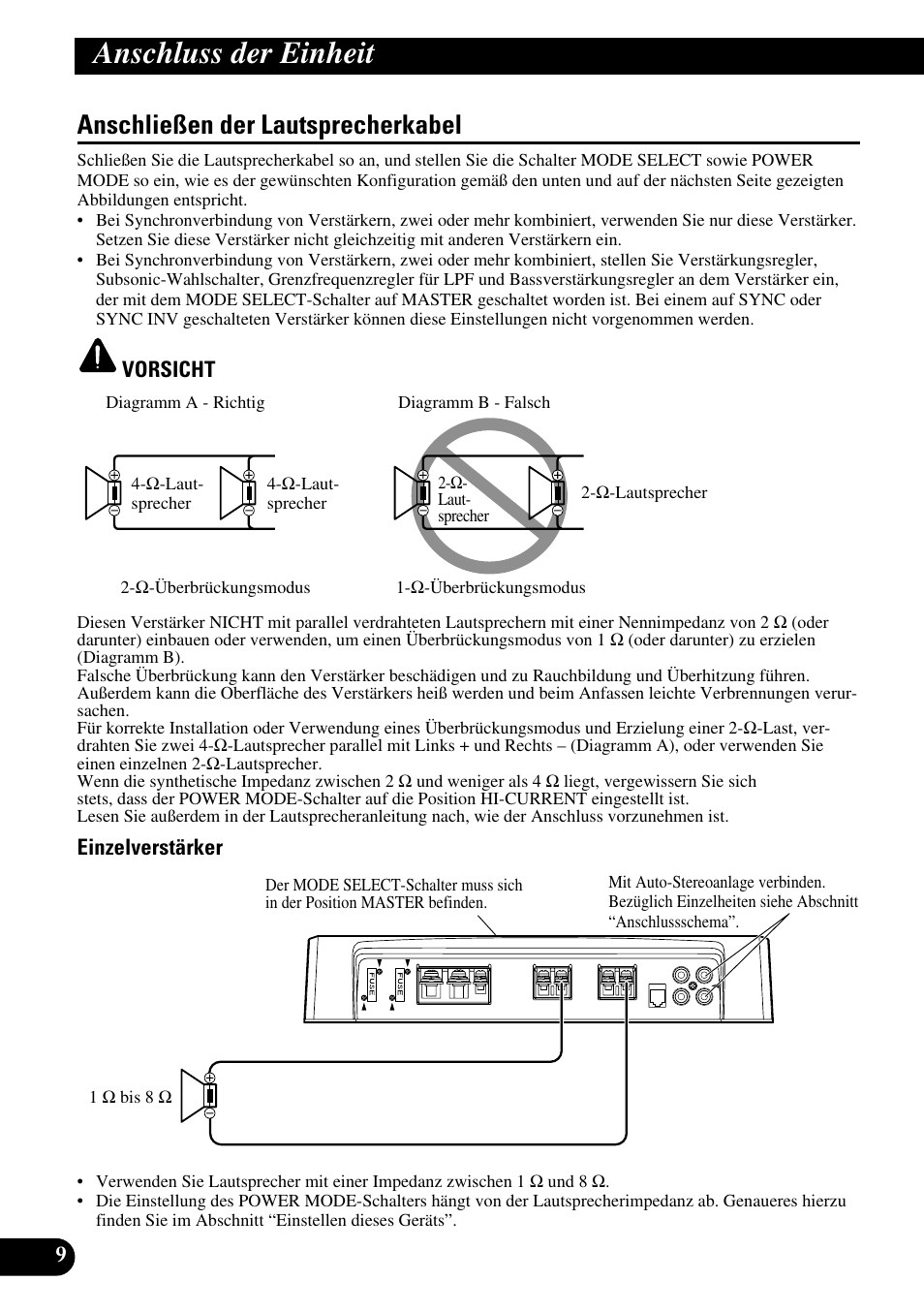 Anschließen der lautsprecherkabel, Anschluss der einheit | Pioneer PRS-D1000M User Manual | Page 42 / 114