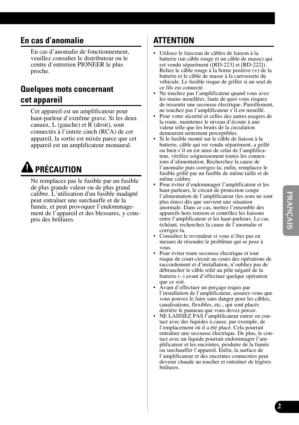 En cas d’anomalie quelques mots concernant, Cet appareil, Précaution attention | En cas d’anomalie, Quelques mots concernant cet appareil, Précaution, Attention | Pioneer PRS-D1000M User Manual | Page 51 / 114