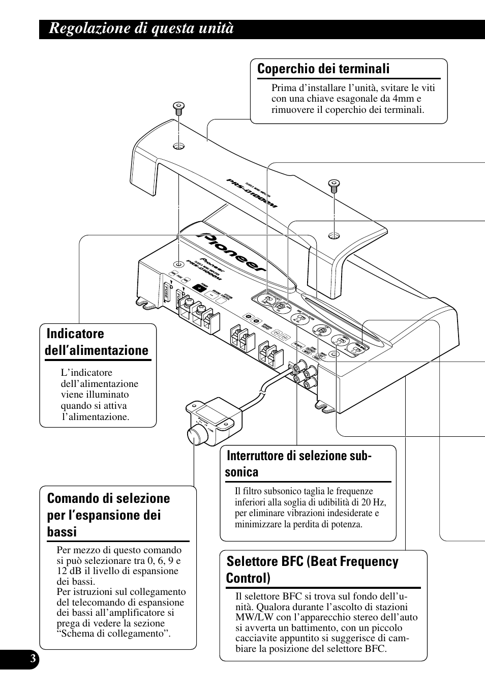 Regolazione di questa unità, Dei bassi, Selettore bfc (beat frequency control) | Pioneer PRS-D1000M User Manual | Page 68 / 114