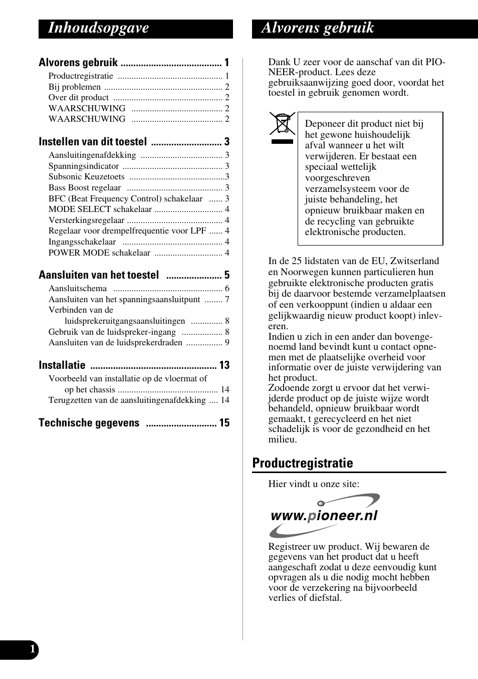 Nederlands, Inhoudsopgave alvorens gebruik, Productregistratie | Pioneer PRS-D1000M User Manual | Page 82 / 114