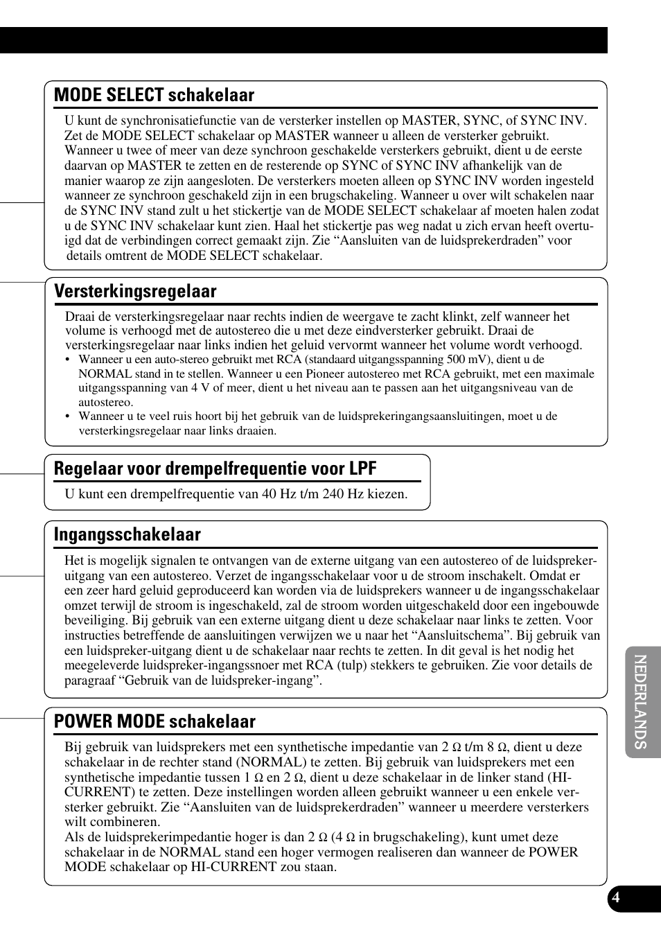 Versterkingsregelaar, Ingangsschakelaar, Power mode schakelaar | Regelaar voor drempelfrequentie voor lpf, Mode select schakelaar | Pioneer PRS-D1000M User Manual | Page 85 / 114