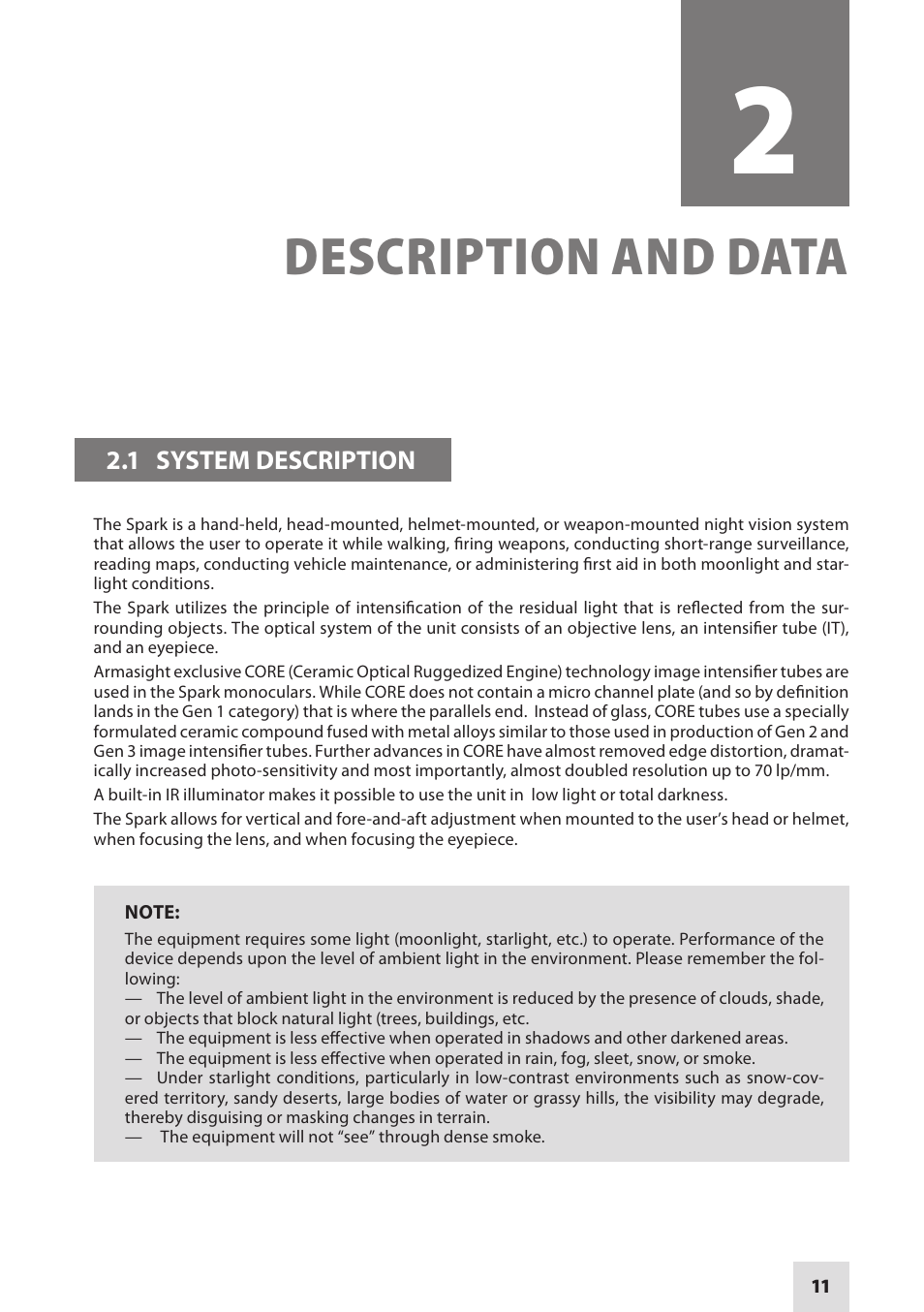Description and data | Armasight NSGSPARK01CCIC1 Spark-G Night Vision Goggles User Manual | Page 11 / 40