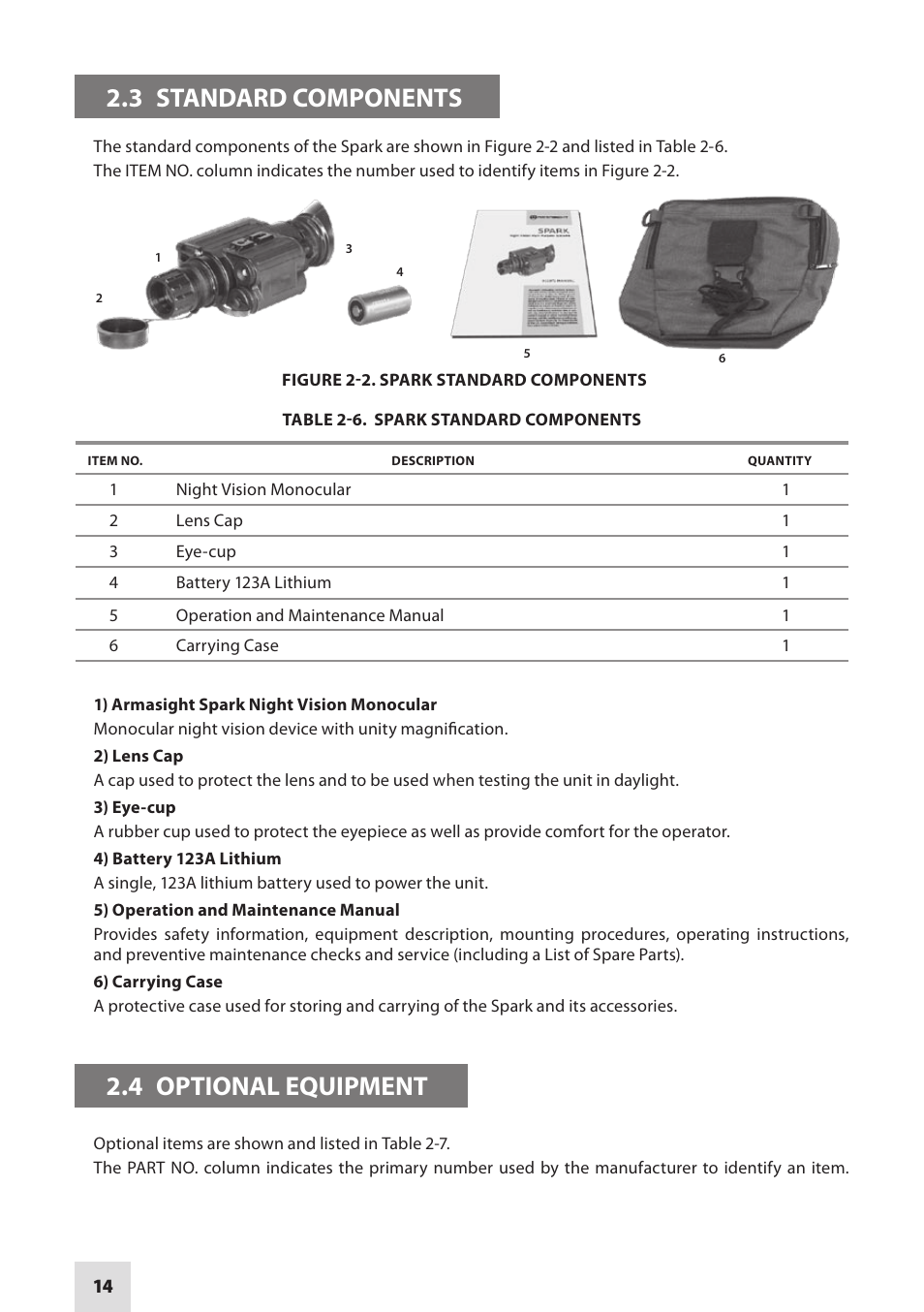 3 standard components, 4 optional equipment | Armasight NSGSPARK01CCIC1 Spark-G Night Vision Goggles User Manual | Page 14 / 40