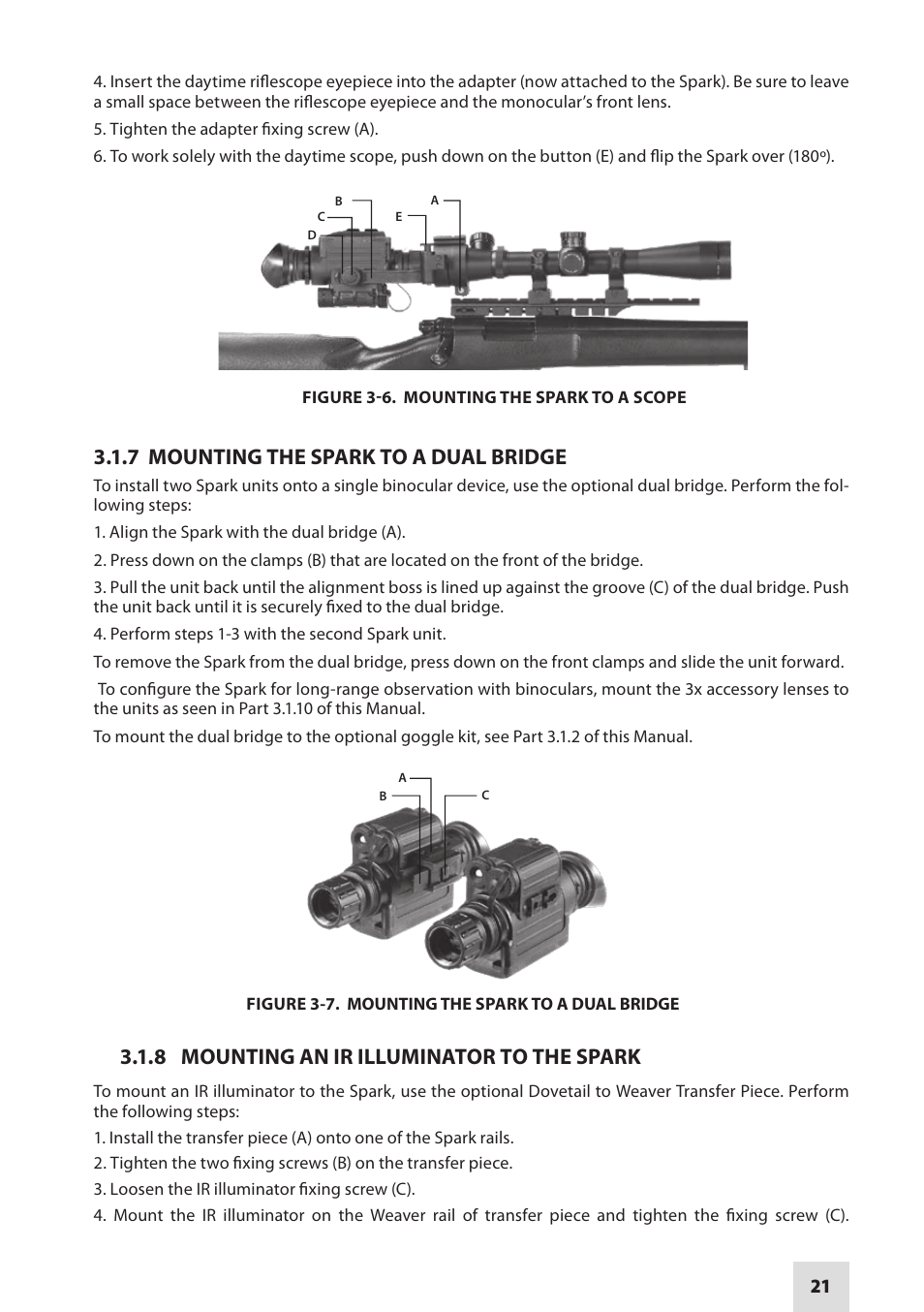 7 mounting the spark to a dual bridge, 8 mounting an ir illuminator to the spark | Armasight NSGSPARK01CCIC1 Spark-G Night Vision Goggles User Manual | Page 21 / 40