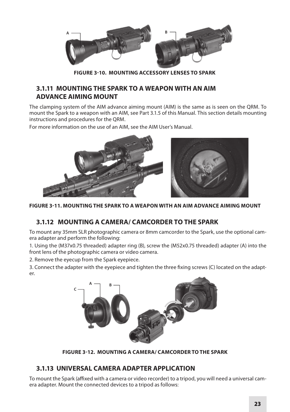 12 mounting a camera/ camcorder to the spark, 13 universal camera adapter application | Armasight NSGSPARK01CCIC1 Spark-G Night Vision Goggles User Manual | Page 23 / 40