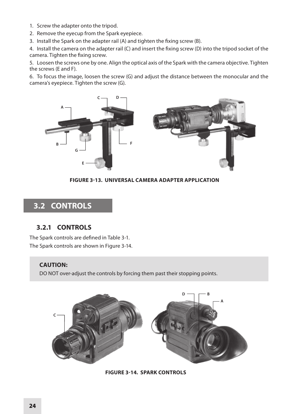 2 controls, 1 controls, Caution | Armasight NSGSPARK01CCIC1 Spark-G Night Vision Goggles User Manual | Page 24 / 40