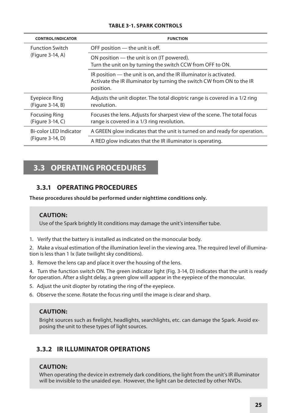 3 operating procedures | Armasight NSGSPARK01CCIC1 Spark-G Night Vision Goggles User Manual | Page 25 / 40