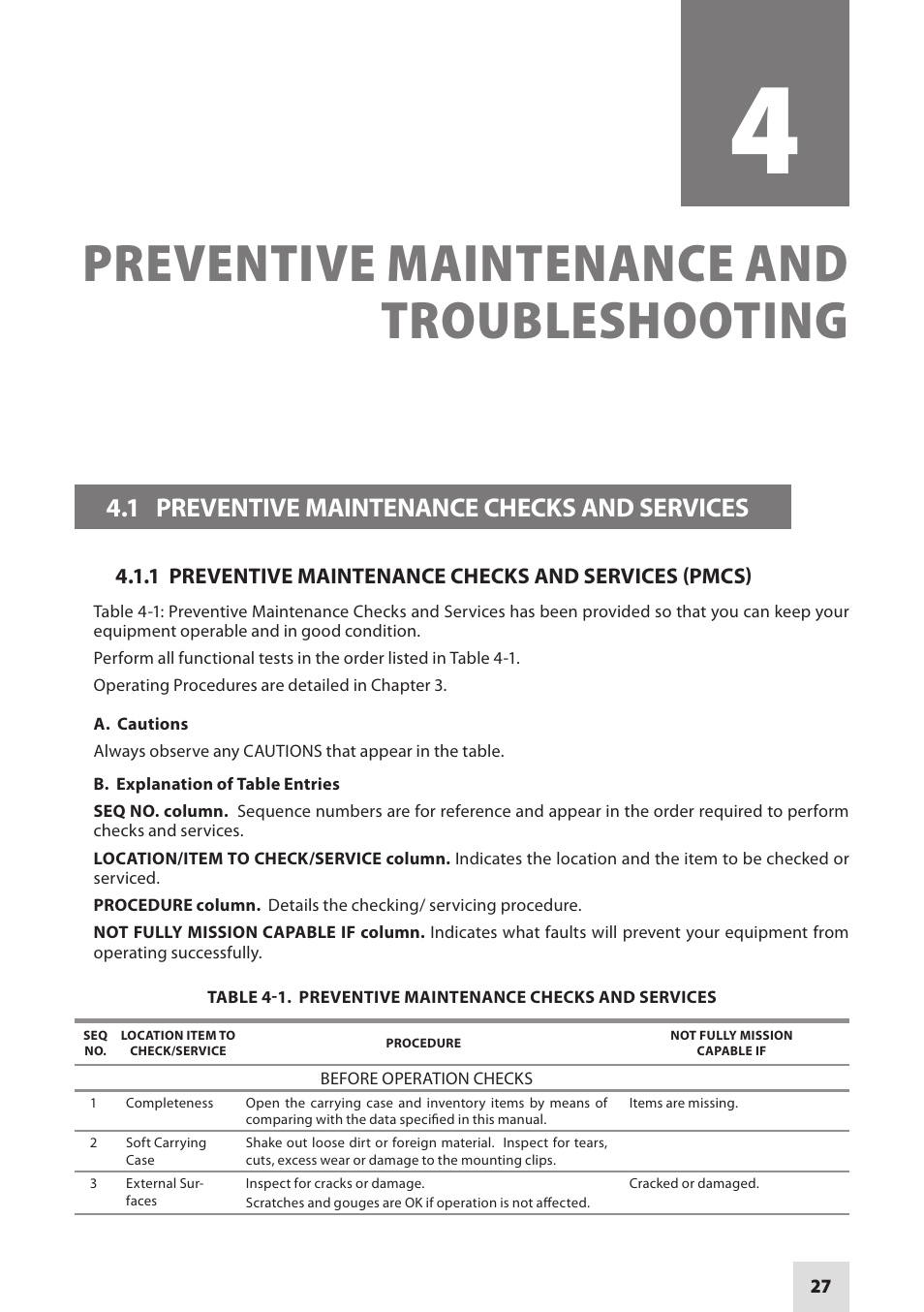 Preventive maintenance and troubleshooting, 1 preventive maintenance checks and services | Armasight NSGSPARK01CCIC1 Spark-G Night Vision Goggles User Manual | Page 27 / 40