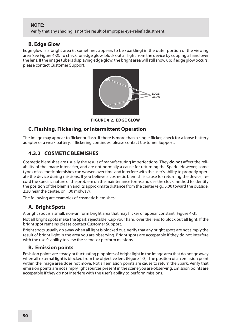 B. edge glow, C. flashing, flickering, or intermittent operation, 2 cosmetic blemishes | A. bright spots, B. emission points | Armasight NSGSPARK01CCIC1 Spark-G Night Vision Goggles User Manual | Page 30 / 40