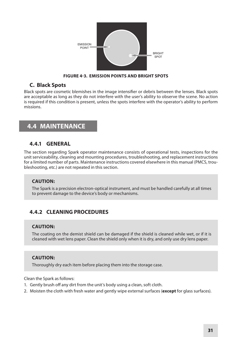 4 maintenance, C. black spots, 1 general | 2 cleaning procedures | Armasight NSGSPARK01CCIC1 Spark-G Night Vision Goggles User Manual | Page 31 / 40
