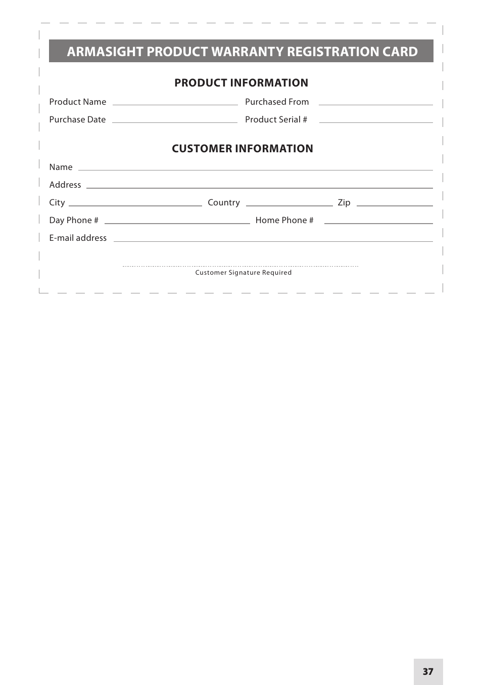 Armasight product warranty registration card | Armasight NSGSPARK01CCIC1 Spark-G Night Vision Goggles User Manual | Page 37 / 40