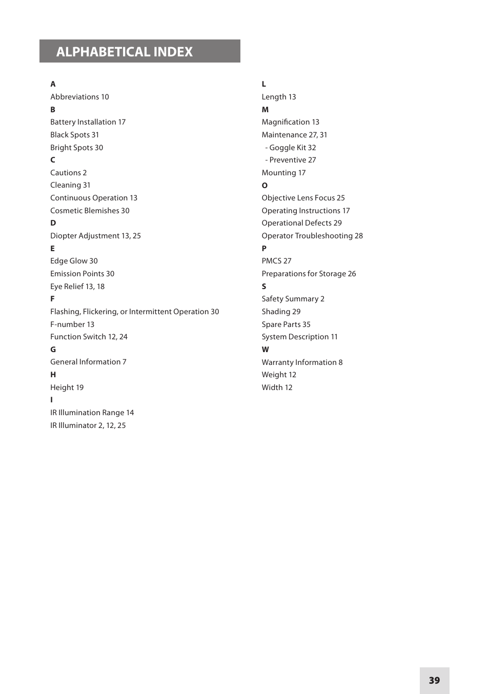 Alphabetical index | Armasight NSGSPARK01CCIC1 Spark-G Night Vision Goggles User Manual | Page 39 / 40