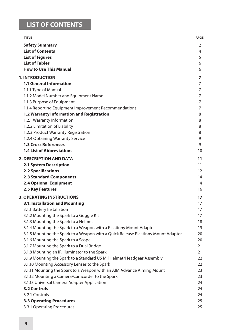 List of contents | Armasight NSGSPARK01CCIC1 Spark-G Night Vision Goggles User Manual | Page 4 / 40