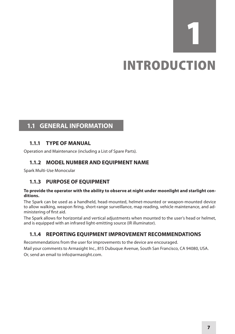 Introduction | Armasight NSGSPARK01CCIC1 Spark-G Night Vision Goggles User Manual | Page 7 / 40