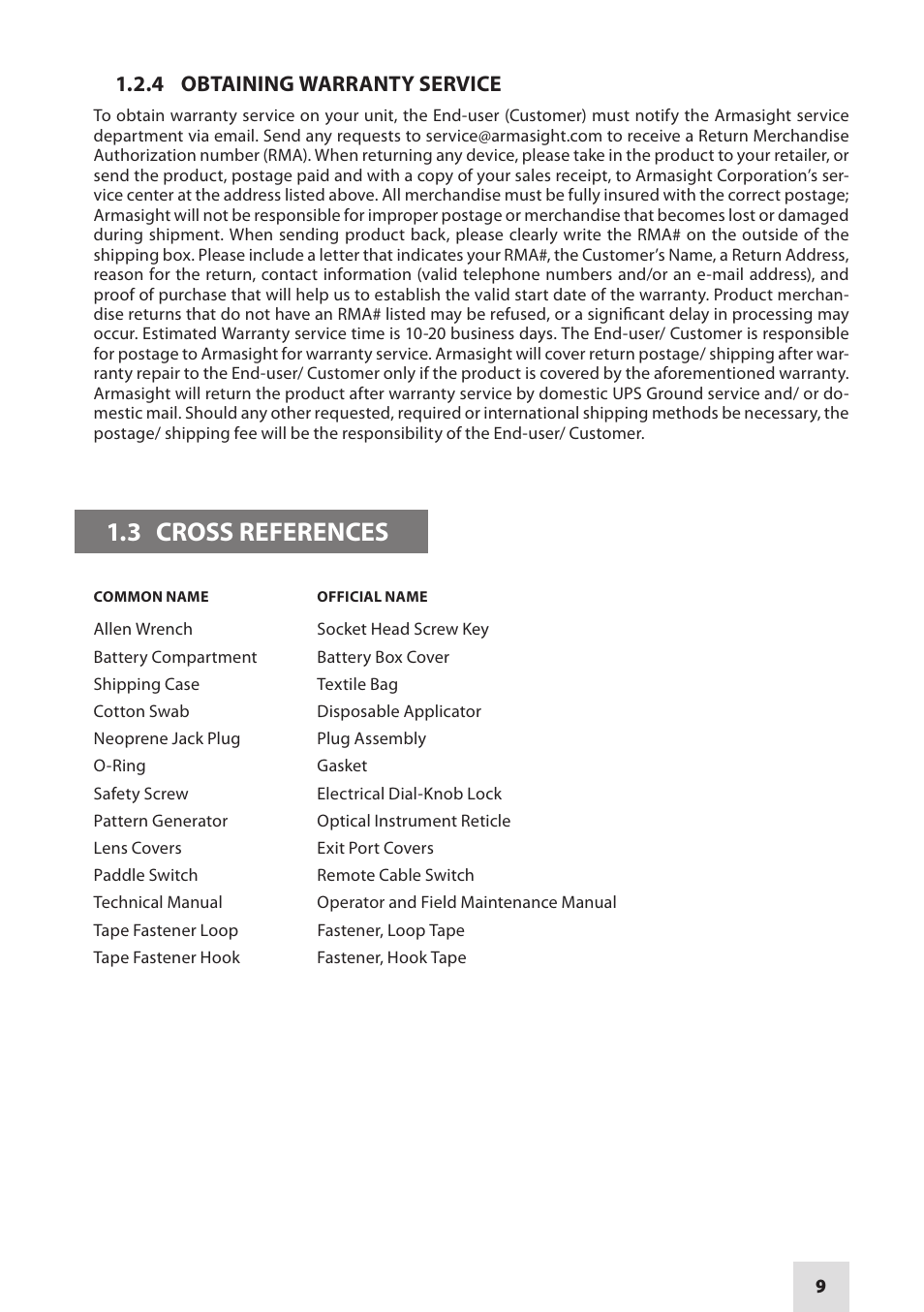 3 cross references, 4 obtaining warranty service | Armasight NSGSPARK01CCIC1 Spark-G Night Vision Goggles User Manual | Page 9 / 40