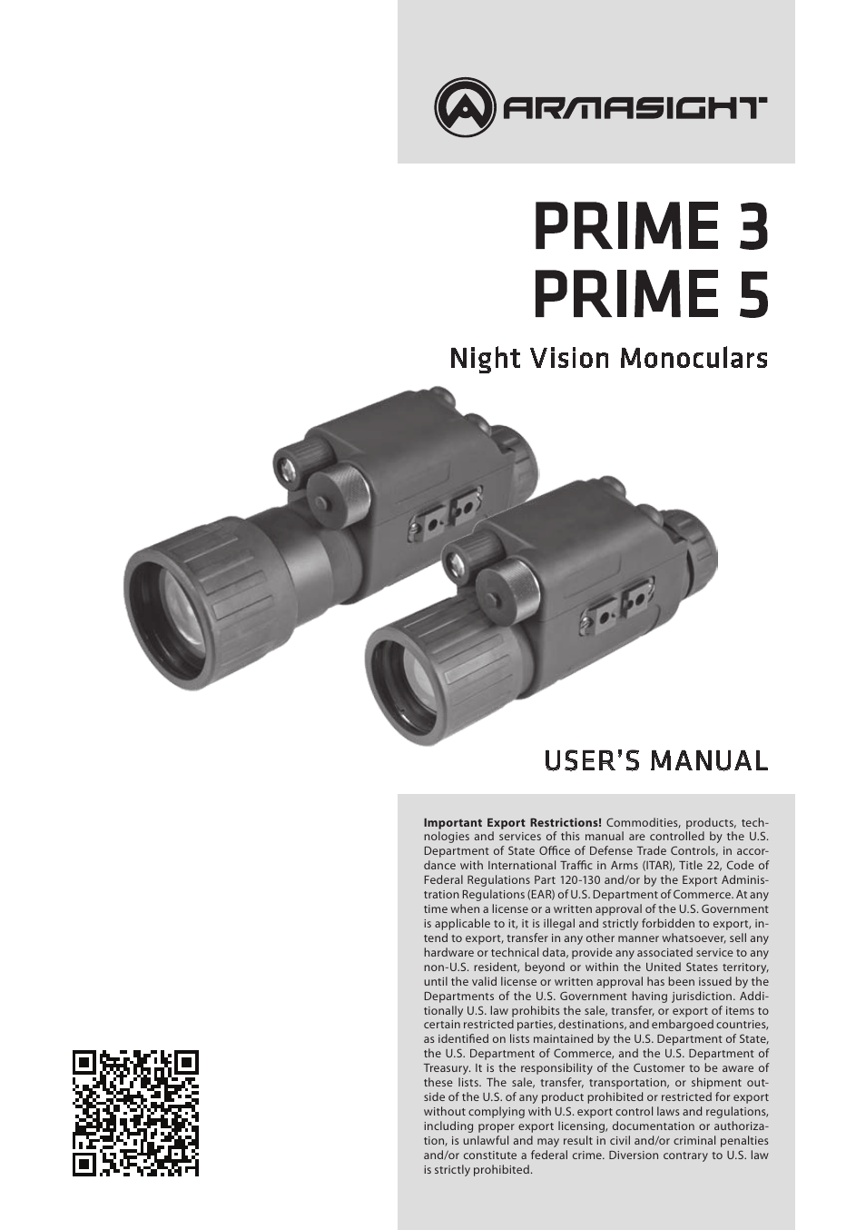 Armasight NKMPRIME0511I11 Prime 5x GEN 1+ Night Vision Monocular User Manual | 12 pages