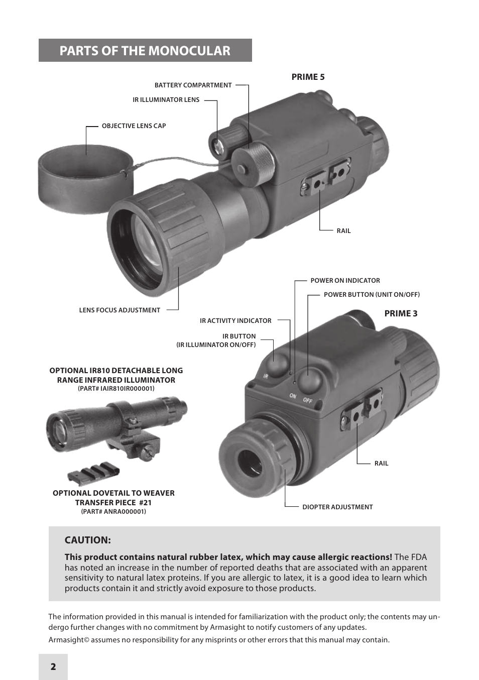 Parts of the monocular, Caution | Armasight NKMPRIME0511I11 Prime 5x GEN 1+ Night Vision Monocular User Manual | Page 2 / 12