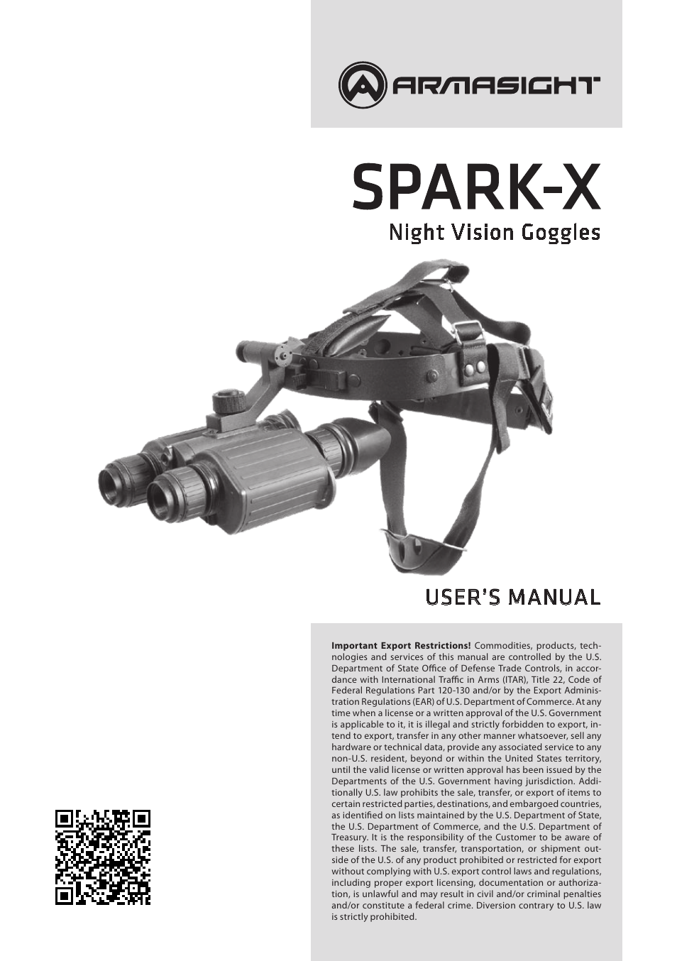 Armasight NSGSPARKX1CCIC1 SPARK-X Night Vision Goggles User Manual | 12 pages